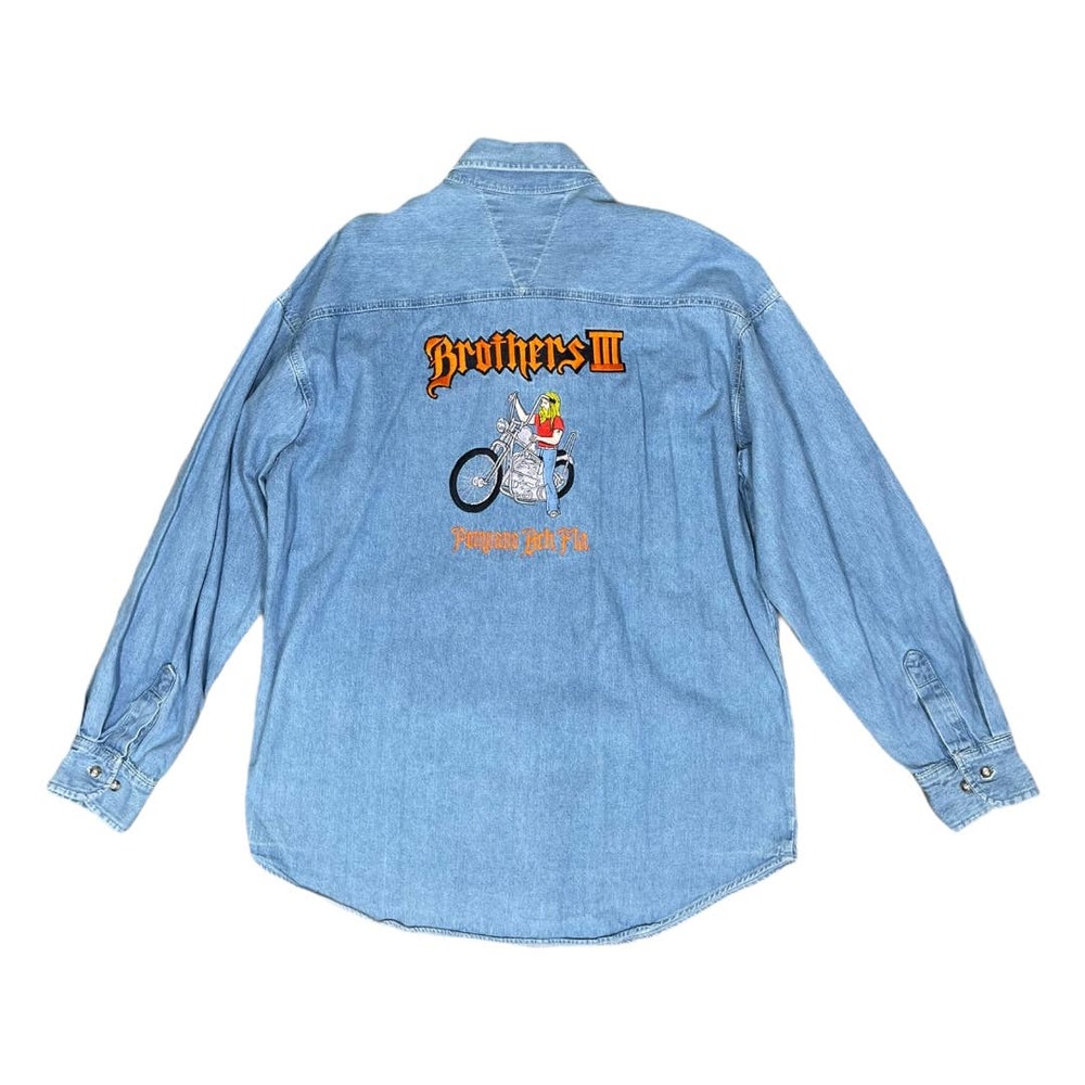 Vintage Light Blue Denim Button-Down Shirt with Embroidered Motorcycle Graphic